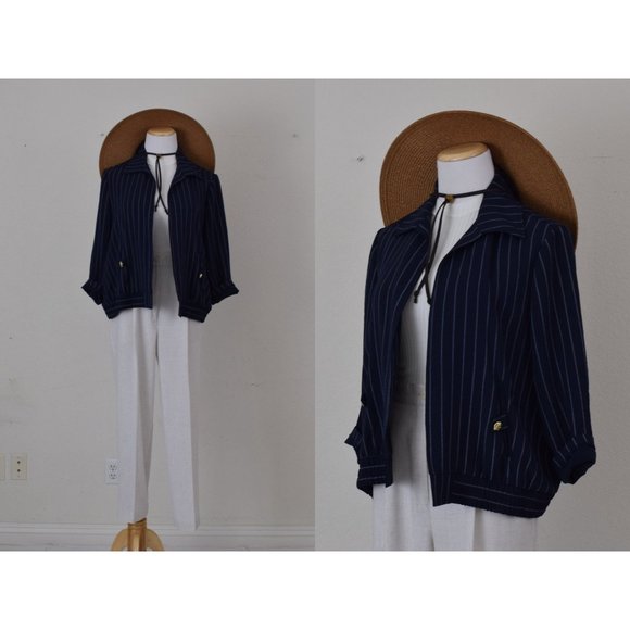 Vintage 90s Lightweight Pinstripe Navy Jacket‎ size L - Picture 1 of 10